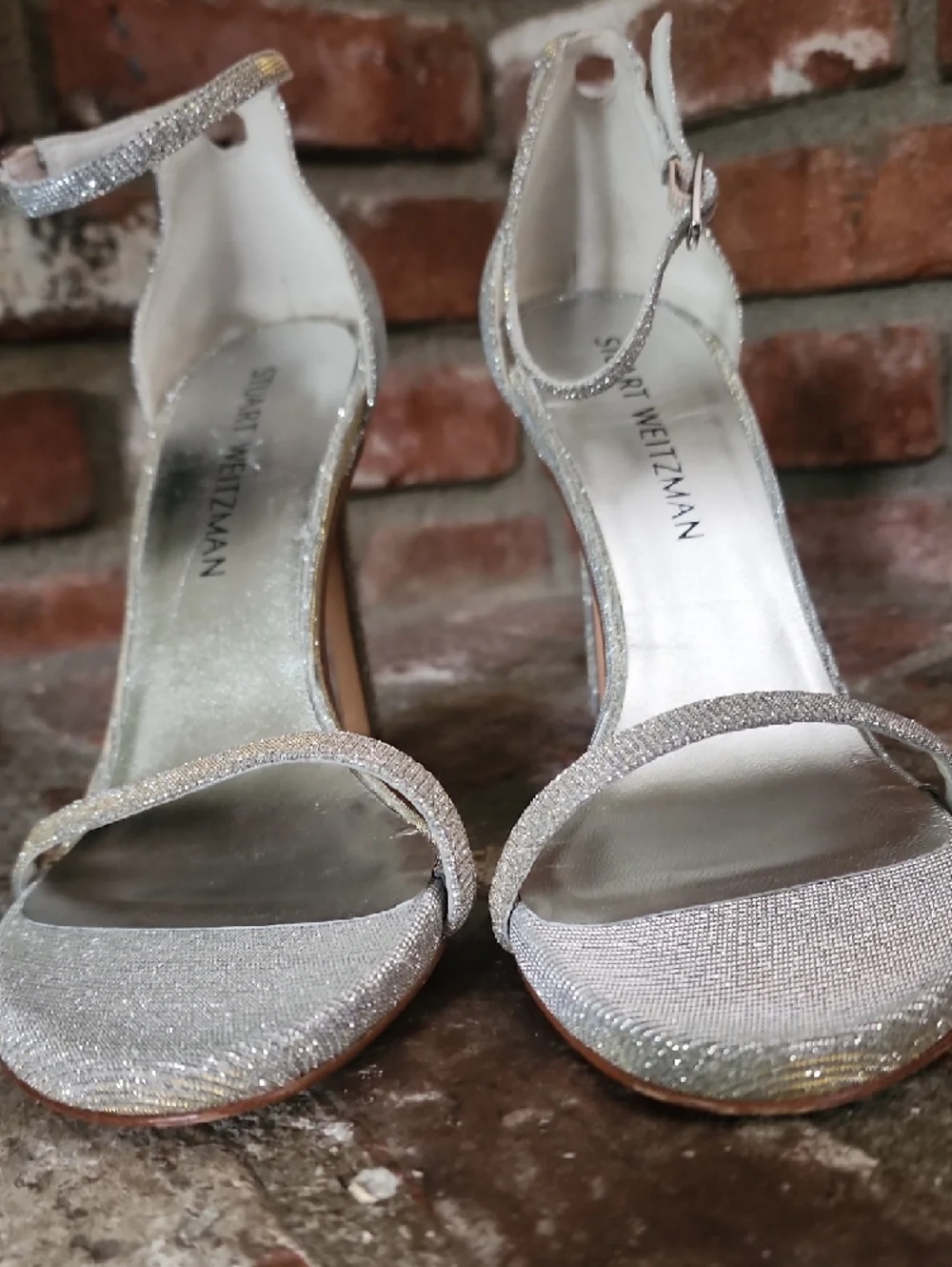 Stuart Weitzman Silver Glitter Ankle Strap Heels Stiletto Sandals Evening Weddin